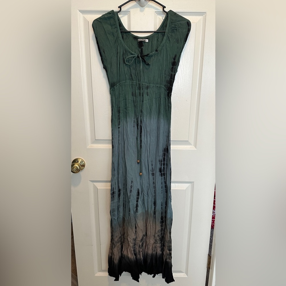 Earthbound Trading Co Peasant Top Teal Tie Dye Maxi Dress